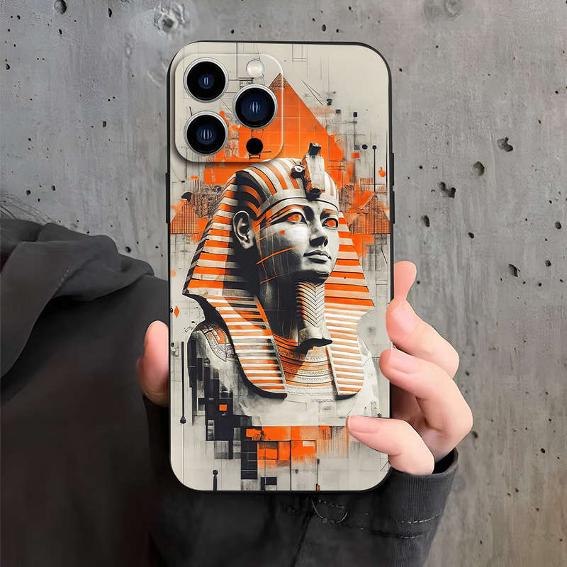 1Pc Black For iPhone 15 Pro Max Egypt Cartoon Pattern Phone Case