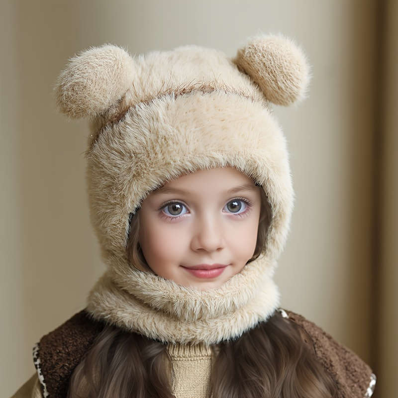 Winter Hat Applicable People Double Ball Plush Hat Scarf Mask Body Suit Hat   Beige