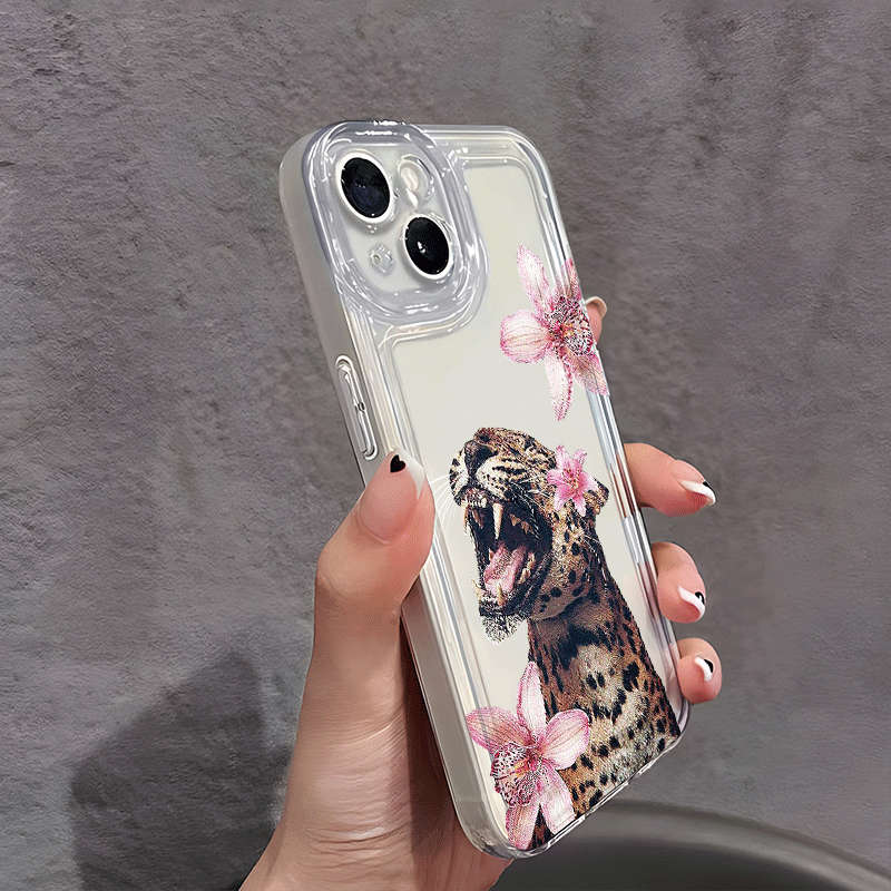 1Pc Transparent For iPhone 12 Pro Max Flower And Yellow Leopard Phone Case