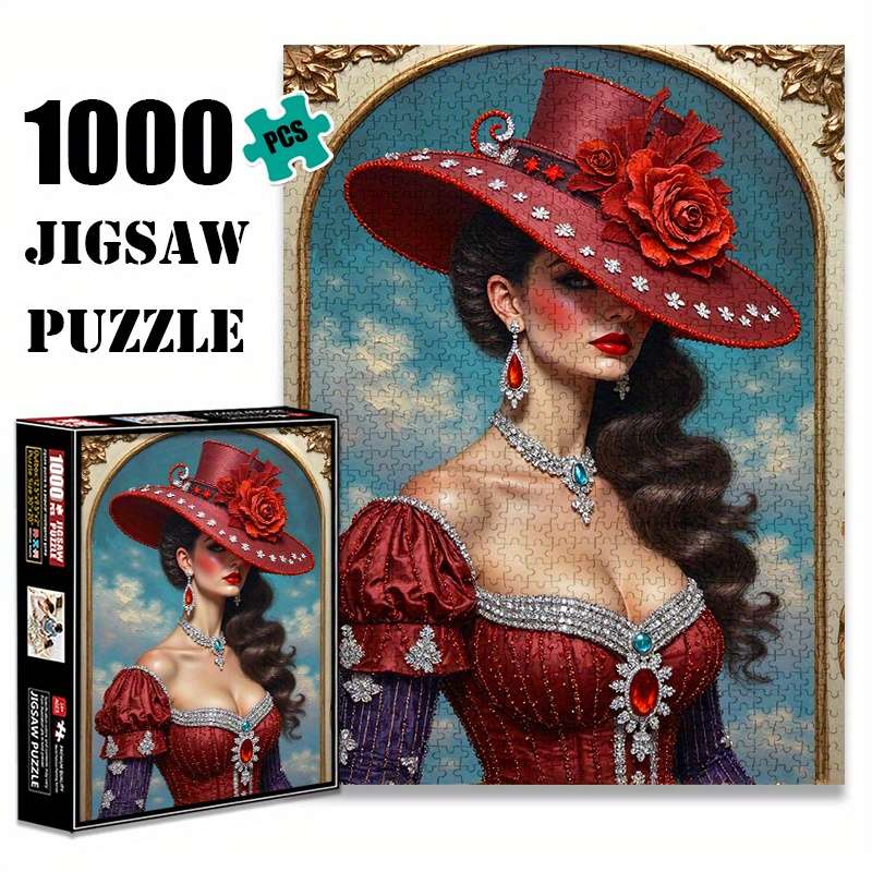 1000pcs Red Hat Women'S Paper Jigsaw Puzzle Large Jigsaw Puzzle Toy Adult Game Gift F