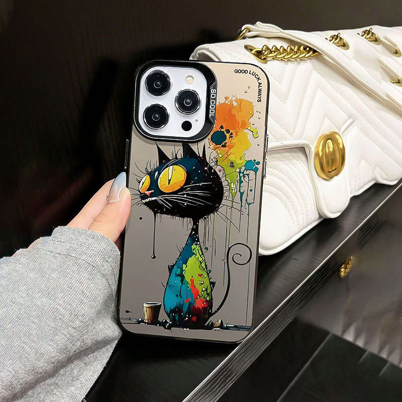 1Pc Black For iPhone 15 Big Eyed Cat Graphic Phone Case
