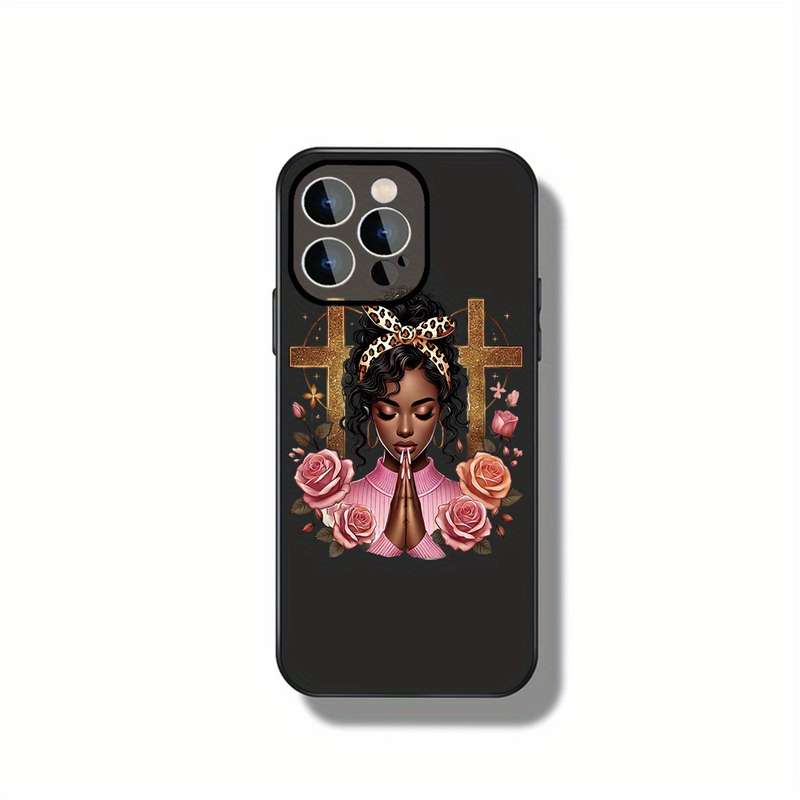 1Pc Black For iPhone 16 Serene Prayer With Floral Blessings Phone Case