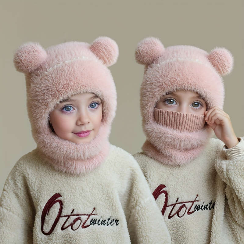 Winter Hat Applicable People Double Ball Plush Hat Scarf Mask Body Suit Hat   Beige