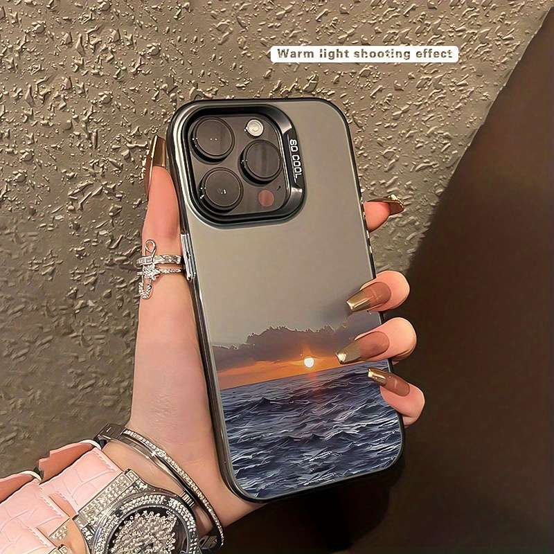 1Pc Black For iPhone 14 Plus Wave And Sunset Pattern Phone Case