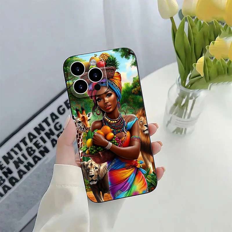 1Pc Black For iPhone 15 Plus Stylish African Lady TPU Phone Case