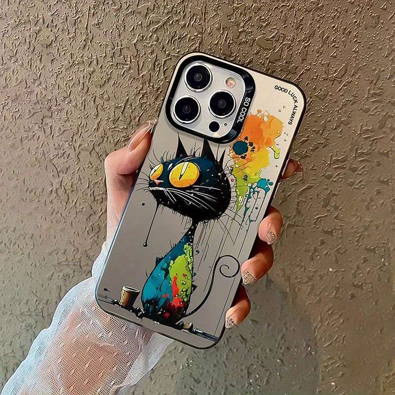 1Pc Black For iPhone 15 Big Eyed Cat Graphic Phone Case