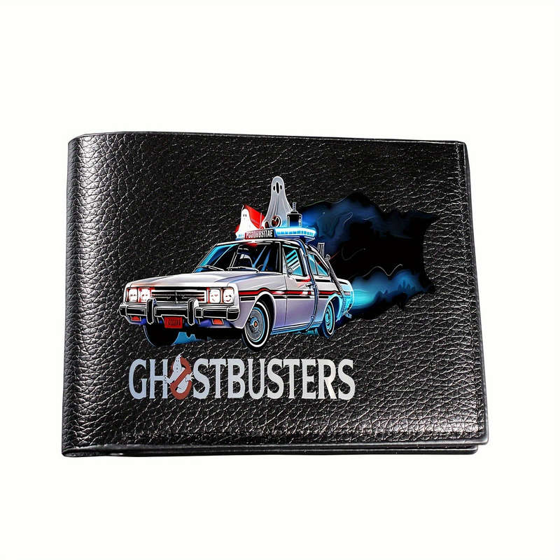 1pc Ghostbusters Inspired Black PU Wallet for Men Casual Style Bi-Fold Design with Card Slots and