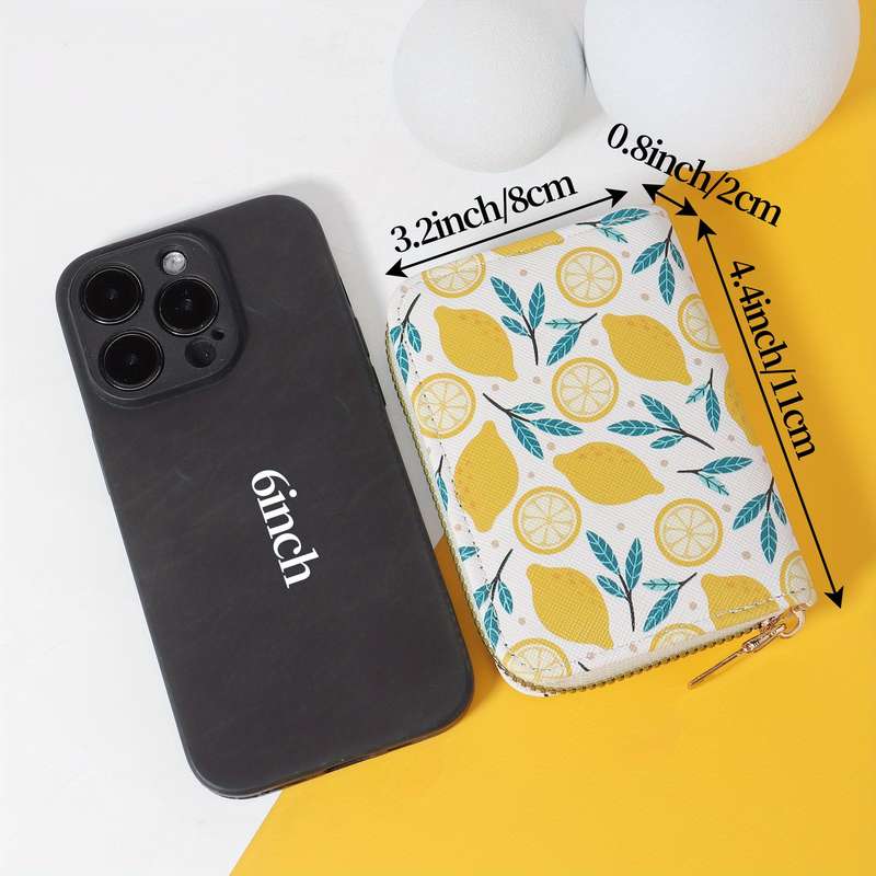 1pc Women'S Chic Lemon Leaf Print WalletCompact Zipper Coin Purse with Card Slots Stylish Whi