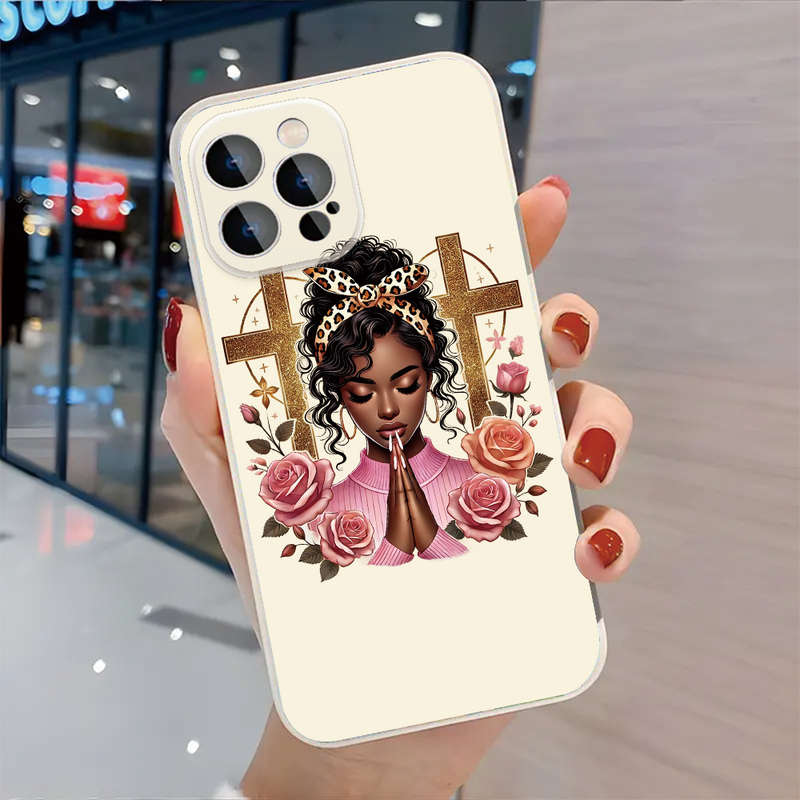 1Pc Black For iPhone 16 Serene Prayer With Floral Blessings Phone Case