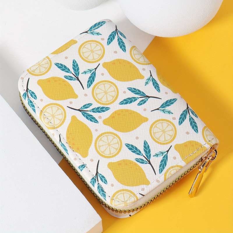 1pc Women'S Chic Lemon Leaf Print WalletCompact Zipper Coin Purse with Card Slots Stylish Whi