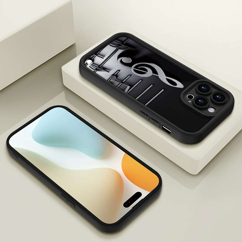1Pc Black For iPhone 15 Plus Musical Note Pattern Phone Case