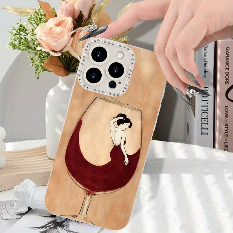 1Pc Ivory White For iPhone 13 Mini Red Wine Print Phone Case