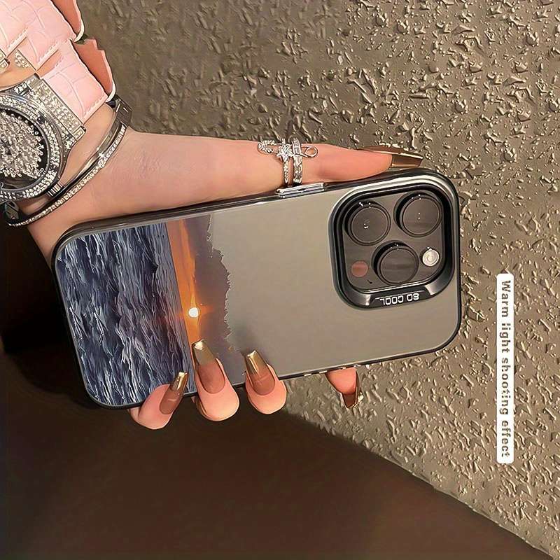 1Pc Black For iPhone 14 Plus Wave And Sunset Pattern Phone Case