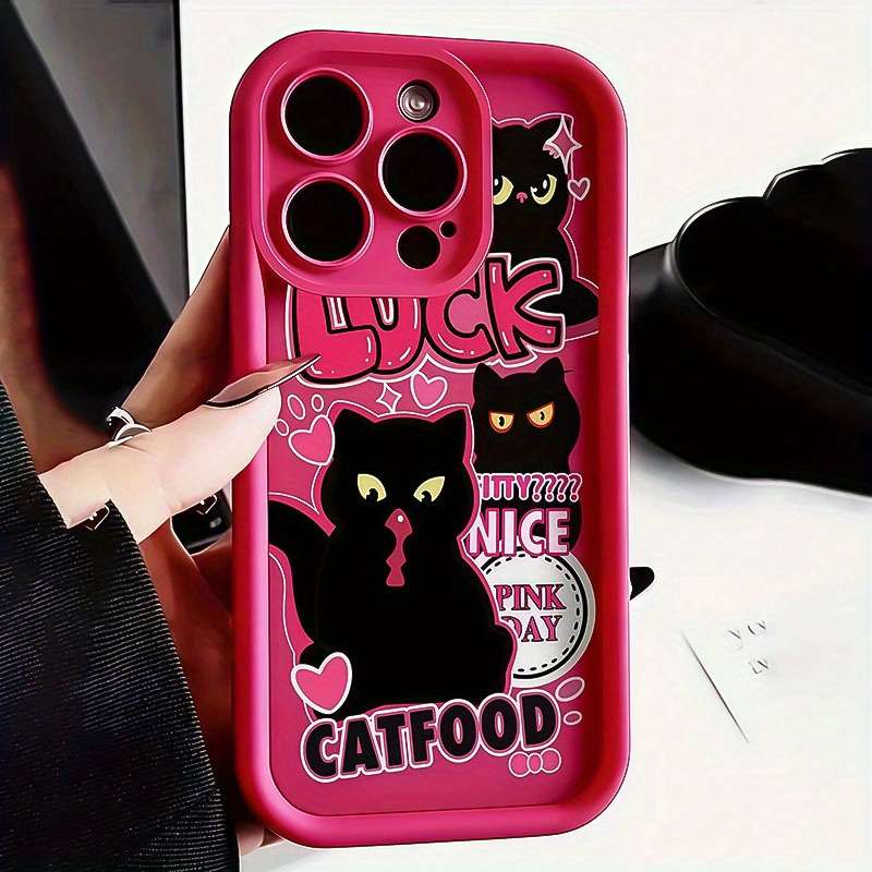 1Pc Rose Red For iPhone 8 Heart And Black Cat Phone Case