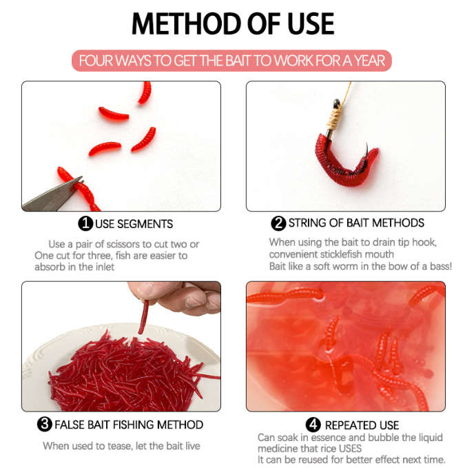 50pcs Simulation Soft Worm Lures Fake Red Earthworms Glowing Packaged Fishing Bait