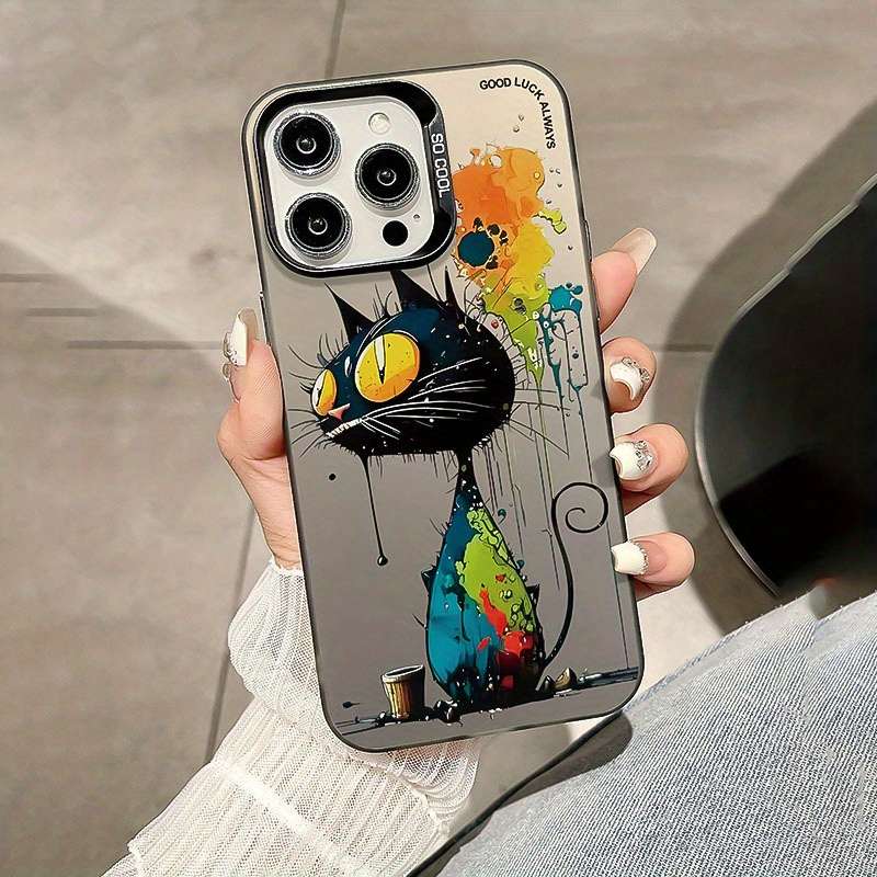 1Pc Black For iPhone 15 Big Eyed Cat Graphic Phone Case