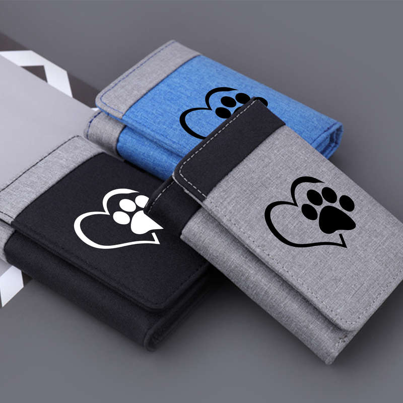 1pc Love Paw Print WalletTri-Fold Canvas Credit Card Holder Coin Purse with Heart Paw Print