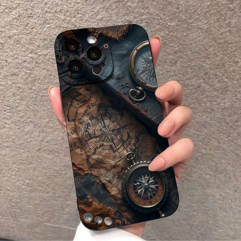 1Pc Black For iPhone 13 Pro Max Retro Nautical Pattern Phone Case