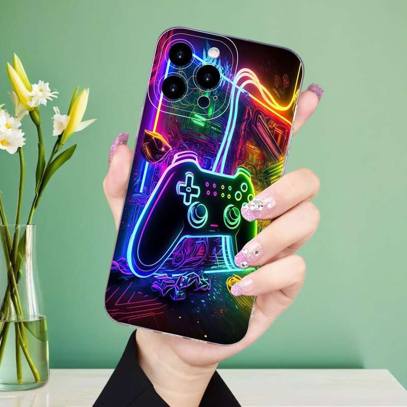 1Pc Mixed Color For iPhone 15 Plus Neon Light And Game Controller Phone Case