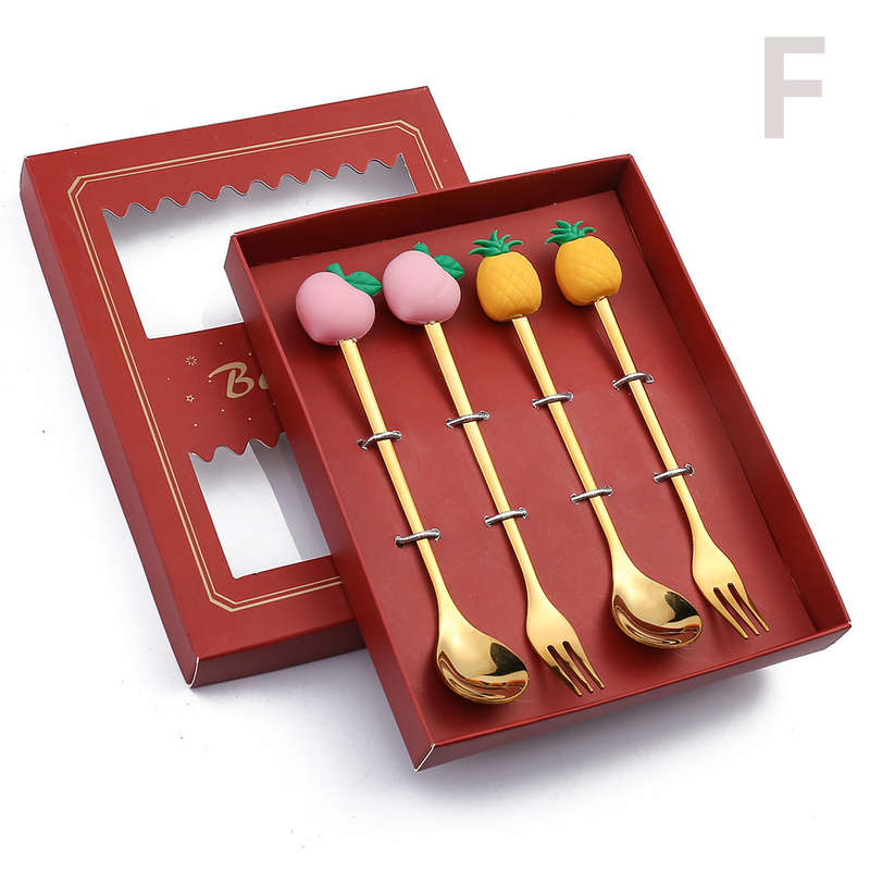 4pcs Gift Box Cartoon Spoon Stainless Steel Spoon Fork Watermelon Doll Animal Dessert Fruit Spo