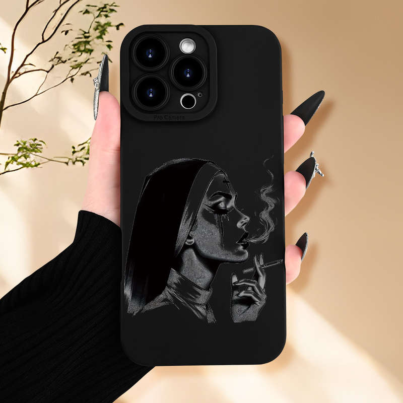 1Pc Black For iPhone 16 Plus Smoking Nun Pattern Phone Case