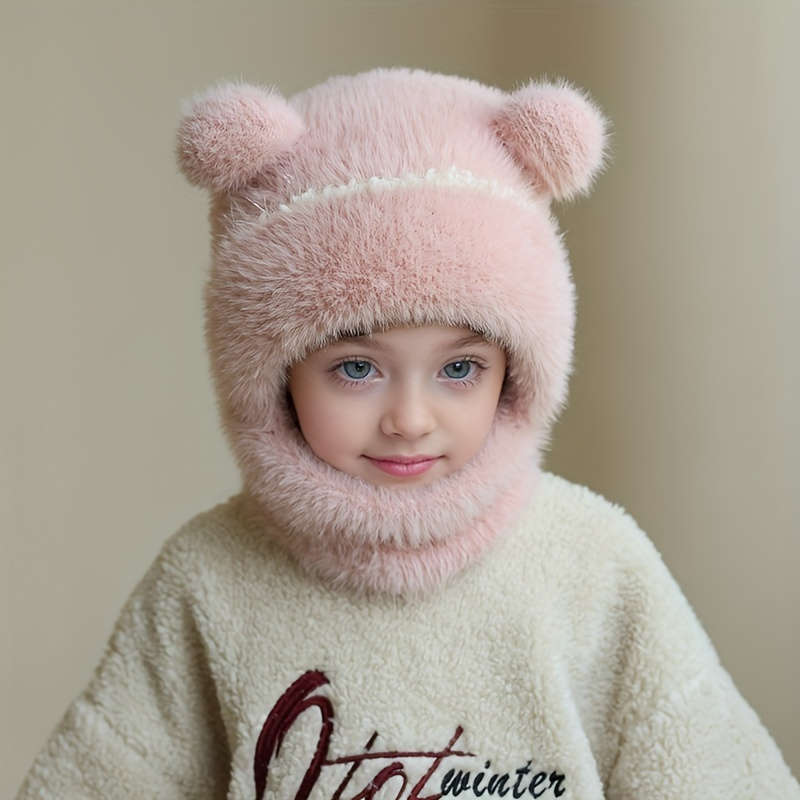 Winter Hat Applicable People Double Ball Plush Hat Scarf Mask Body Suit Hat   Beige