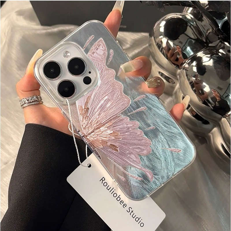 1Pc White For iPhone X XS Feather Like Pink Butterfly Phone Case