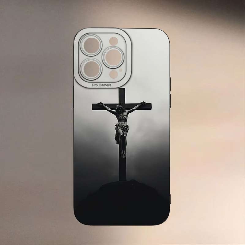 1Pc Black For iPhone 13 Pro Max Cross Jesus Print Phone Case