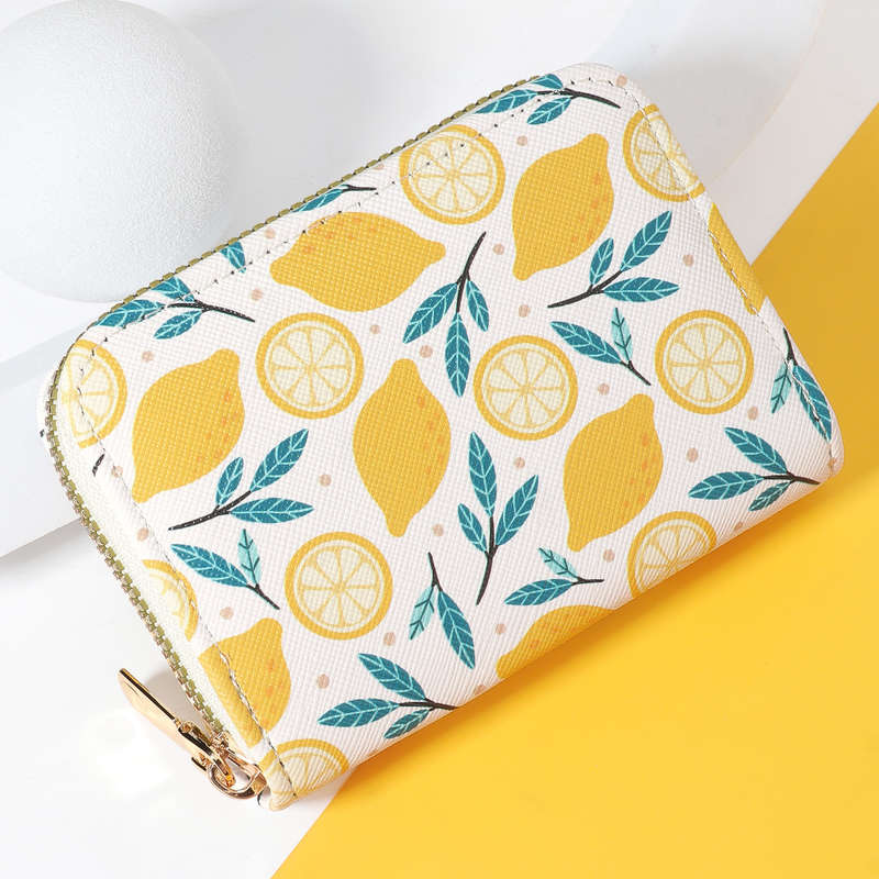 1pc Women'S Chic Lemon Leaf Print WalletCompact Zipper Coin Purse with Card Slots Stylish Whi