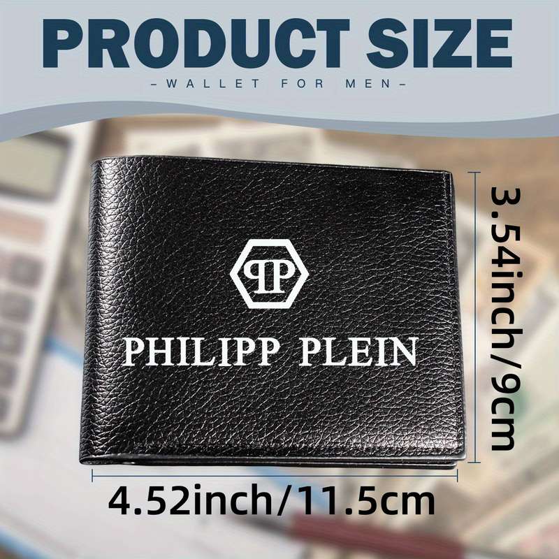 1pc Philipp Plein Men's Faux Leather Bifold Wallet with Card Holder Coin Purse Sleek Black D