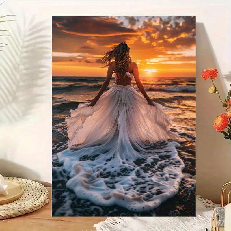 1000pcs Stunning Sunset Beach Scene Wooden Jigsaw Puzzle White Dress Woman at Sea Ar