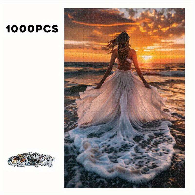 1000pcs Stunning Sunset Beach Scene Wooden Jigsaw Puzzle White Dress Woman at Sea Ar