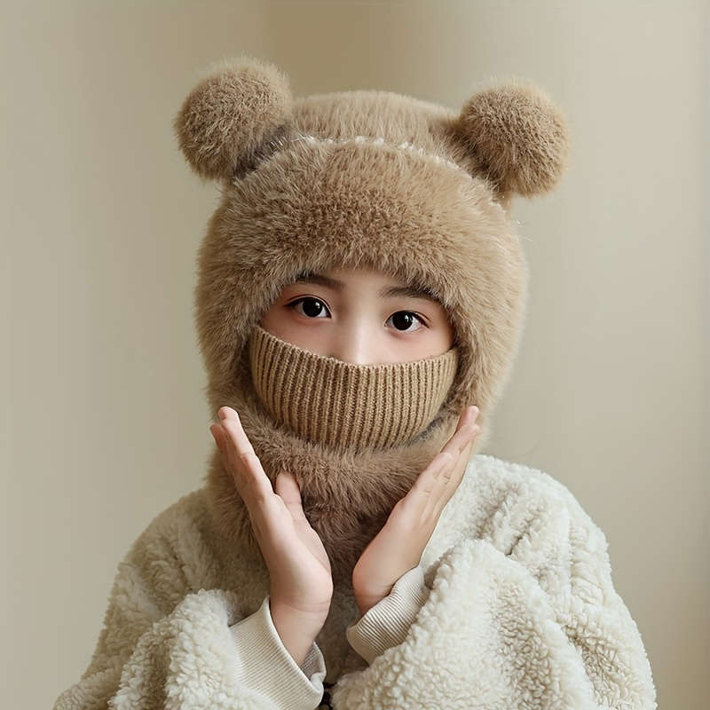 Winter Hat Applicable People Double Ball Plush Hat Scarf Mask Body Suit Hat   Beige