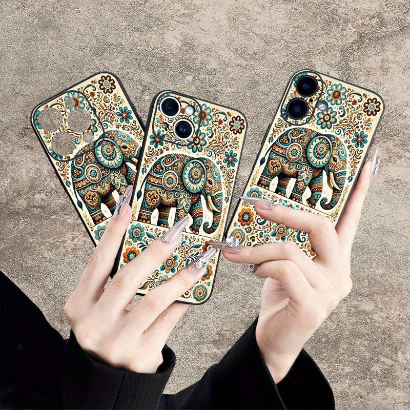 1Pc Mixed Color For iPhone 15 Plus Ethnic Elephant And Floral Phone Case