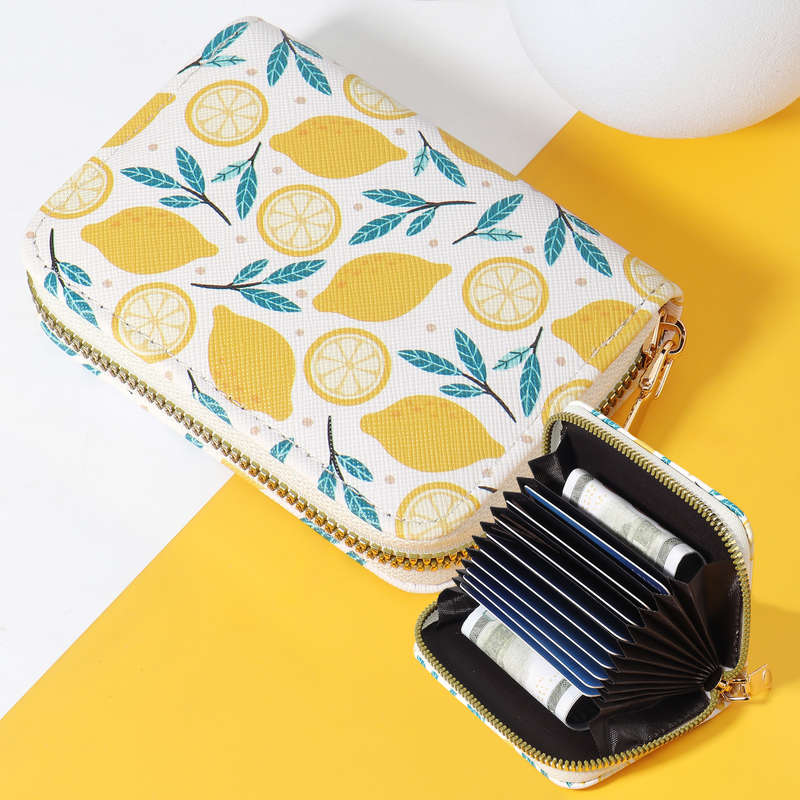1pc Women'S Chic Lemon Leaf Print WalletCompact Zipper Coin Purse with Card Slots Stylish Whi