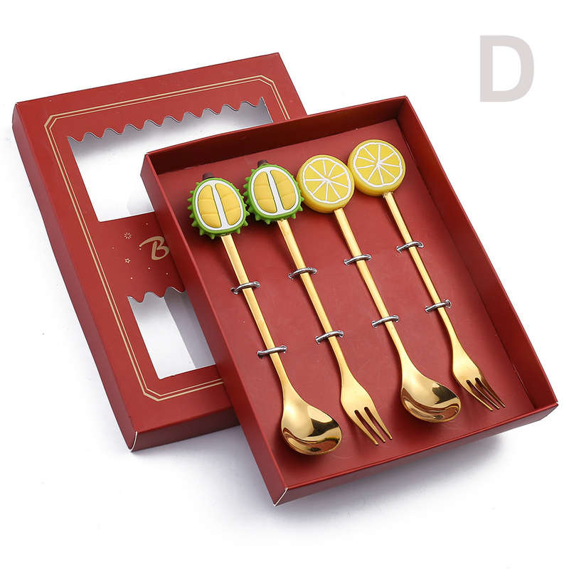 4pcs Gift Box Cartoon Spoon Stainless Steel Spoon Fork Watermelon Doll Animal Dessert Fruit Spo