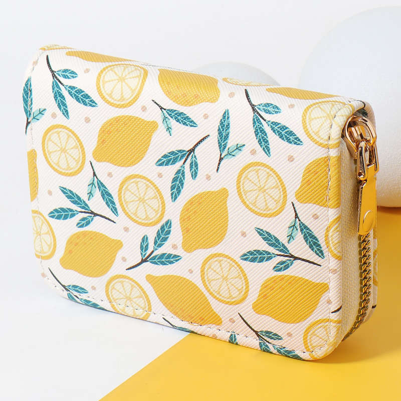 1pc Women'S Chic Lemon Leaf Print WalletCompact Zipper Coin Purse with Card Slots Stylish Whi