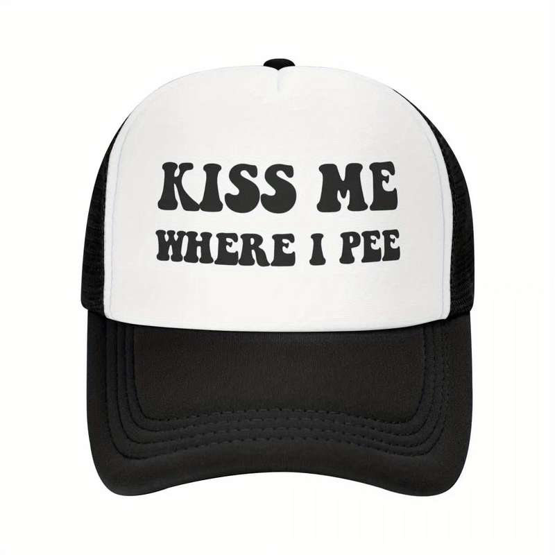 1pc Kiss Me Where I Pee" Adjustable Breathable Baseball Cap Black with White Front Panel Polyes