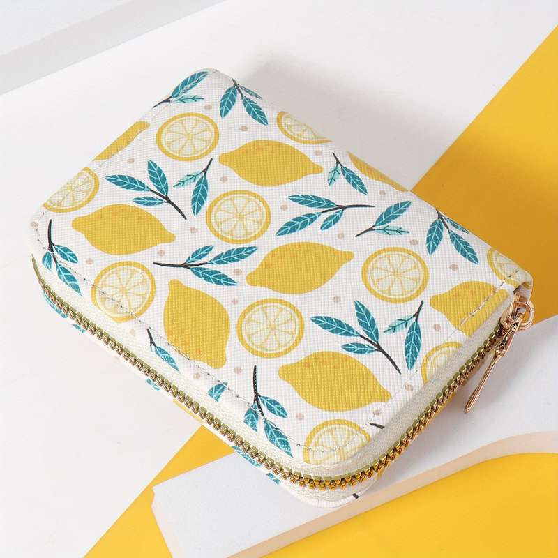 1pc Women'S Chic Lemon Leaf Print WalletCompact Zipper Coin Purse with Card Slots Stylish Whi