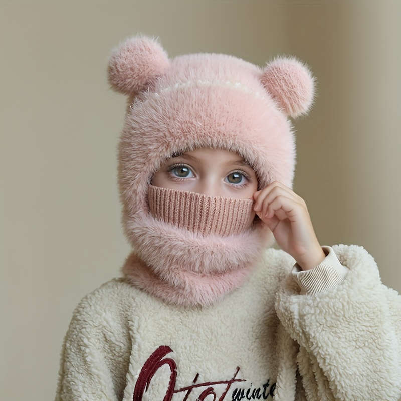Winter Hat Applicable People Double Ball Plush Hat Scarf Mask Body Suit Hat   Beige