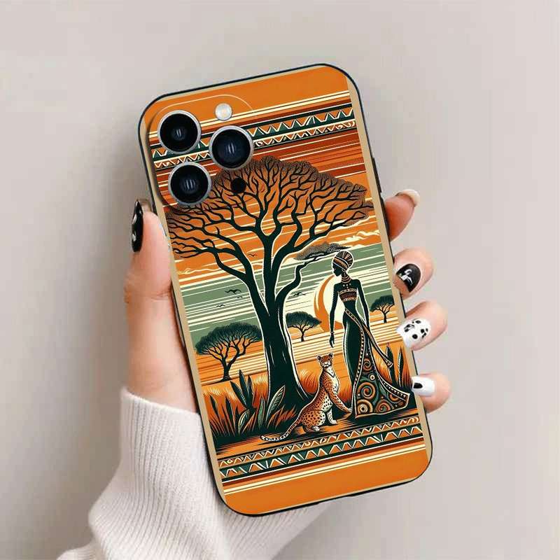 1Pc Black For iPhone 15 African Style TPU Phone Case