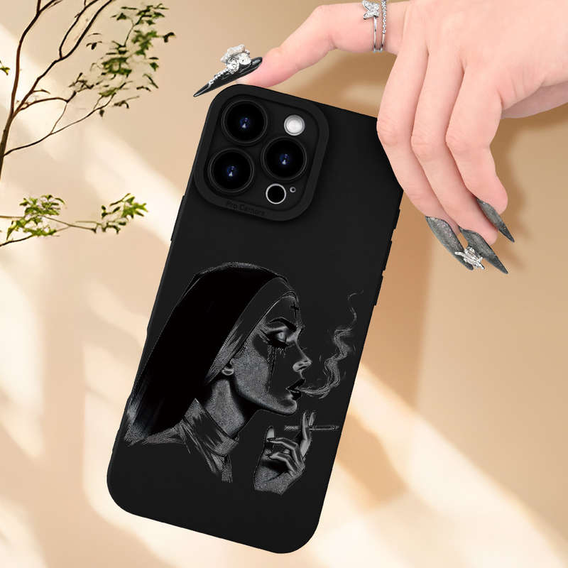 1Pc Black For iPhone 16 Plus Smoking Nun Pattern Phone Case