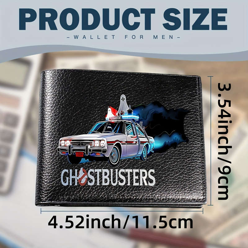 1pc Ghostbusters Inspired Black PU Wallet for Men Casual Style Bi-Fold Design with Card Slots and