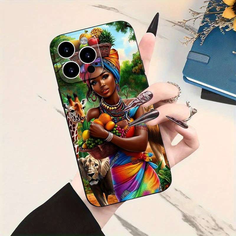 1Pc Black For iPhone 15 Plus Stylish African Lady TPU Phone Case