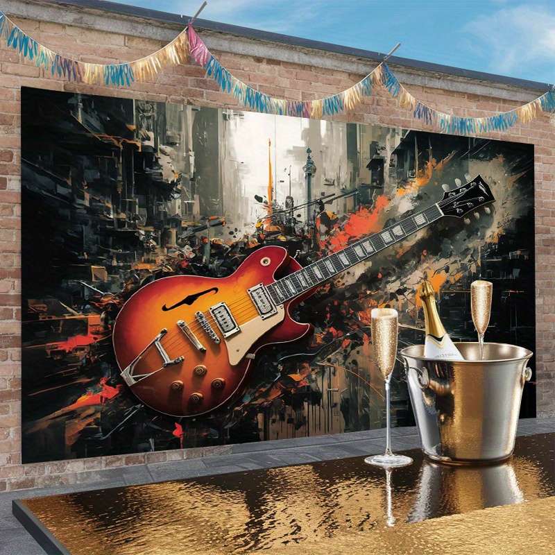 1pc  Modern Abstract Guitar Party Banner Vibrant Electric Guitar Design with Urban Backdrop P