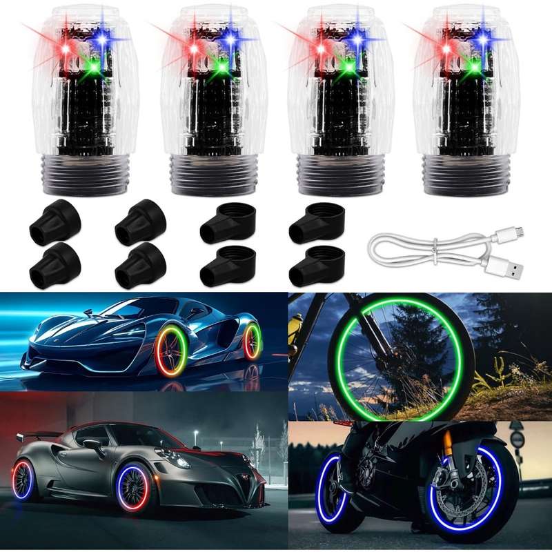 4pcs Vibrant LED Tire Valve Lights USB Rechargeable Multi-Color Flashing Wheel Cap