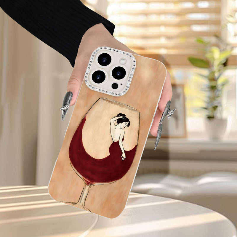 1Pc Ivory White For iPhone 13 Mini Red Wine Print Phone Case