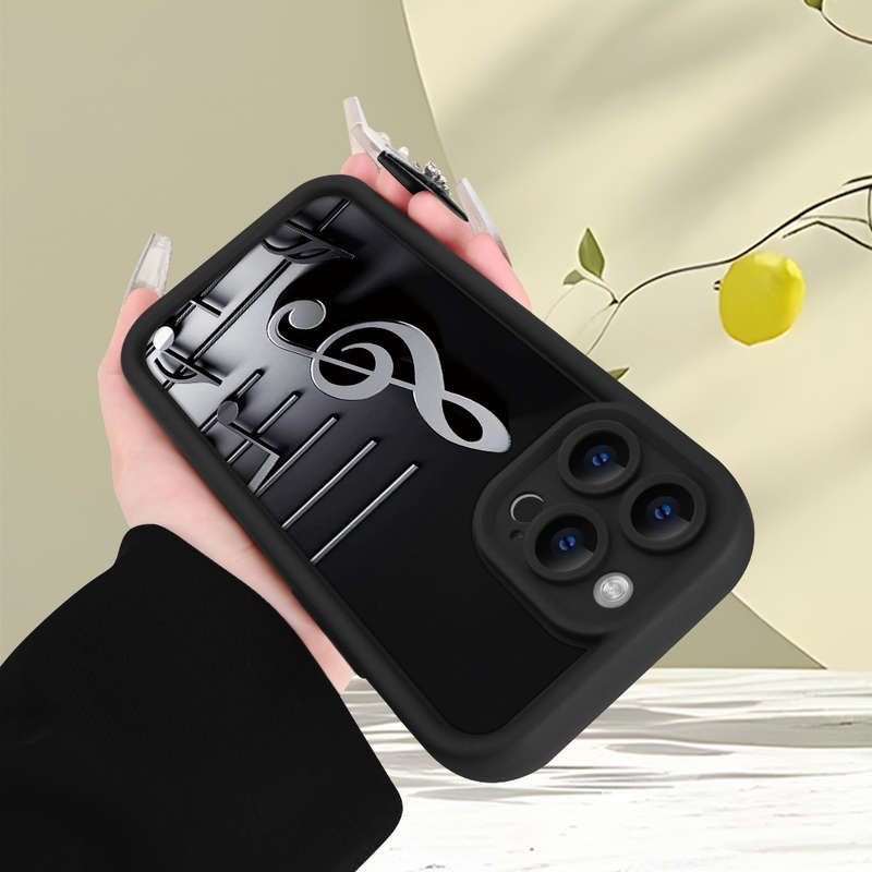 1Pc Black For iPhone 15 Plus Musical Note Pattern Phone Case