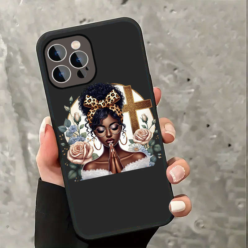 1Pc Black For iPhone 15 Serene Prayer With Floral Blessings Phone Case