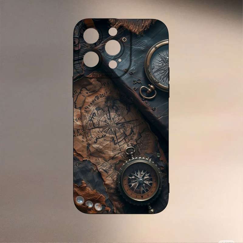 1Pc Black For iPhone 13 Pro Max Retro Nautical Pattern Phone Case